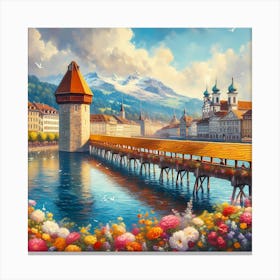 Switzerland, Artistic Lucerne With Wooden Chapel Bridge And Reuss River, Painting Art Canvas Print