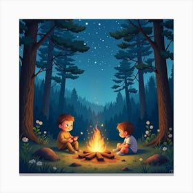 Baby Sitting By A Campfire In A Watercolor Forest Under The Stars Canvas Print