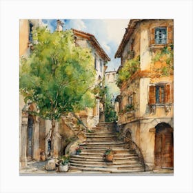 watercolor painting of an old street with a staircase in the middle and green trees Canvas Print