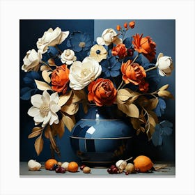 Floral Contemporary Still Life Dark Blue Art Print Canvas Print