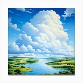 Cumulus Clouds Cotton Like In Texture Dominate The Expansive Azure Sky While A Serene Landscape Un Canvas Print