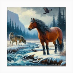 Beautiful Horse In Stream With Wolves 4 Canvas Print