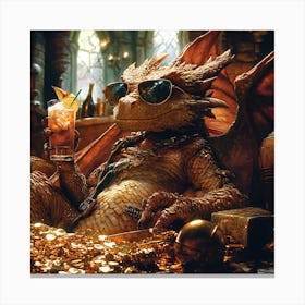 Cool Dragon Lounging on Gold Background 9 Canvas Print