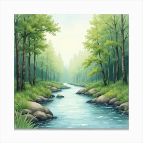 A Gentle River Flowing Through A Forest, Captured In Soft, Serene Watercolor 1 Canvas Print