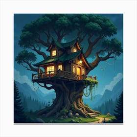 Magical Treehouse With Glowing Lights, Nestled In A Giant Ancient Tree 1 Canvas Print