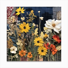 Collaged Flowers, Eclectic collage with vibrant dried flowers and textured backgrounds of fabric swatches, handwritten notes, and sheet music Canvas Print