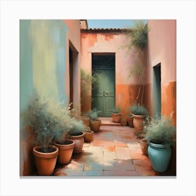 Abstract Oil Painting Featuring An Italian Courtyard Garden Pots Of Terracotta And Olive Green Nest Canvas Print