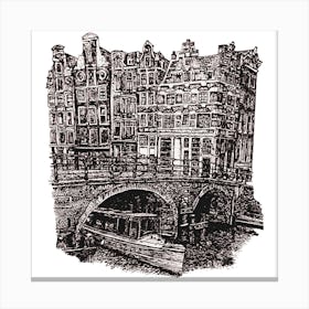 Amsterdam Canal Bridge Illustration, Black and White Leinwandbild