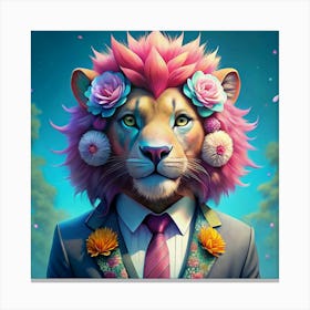 Lion In A Suit With Floral Decorations Canvas Print