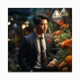 Asian Man With Flowers Canvas Print