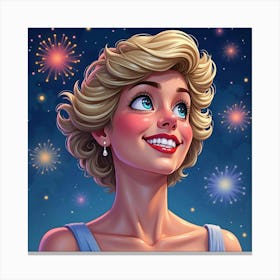 Princess Diana Smiling Beneath Watercolor Fireworks In The Night Sky Canvas Print