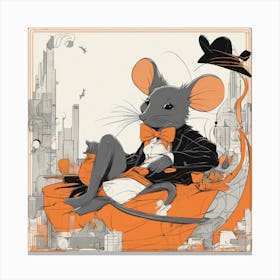 A Silhouette Of A Mouse Wearing A Black Hat And Laying On Her Back On A Orange Screen, In The Style Canvas Print