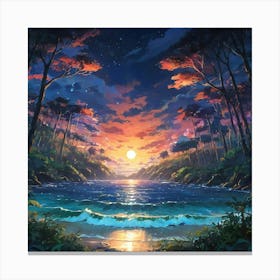 Tranquil Sunset Over a Serene Forest Beach With Glittering Waters Canvas Print
