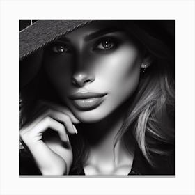 The Girl In The Hat 1/4 (beautiful female lady model black and white portrait close up face) Canvas Print