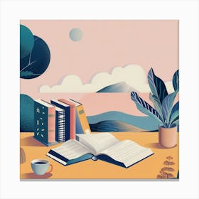 Illustration Of Books And Coffee Canvas Print