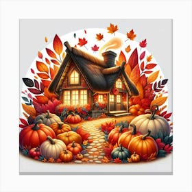 Autumn House With Pumpkins Canvas Print