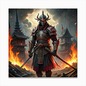 Samurai Warrior With A Sword In Front Of A Burning Village Canvas Print