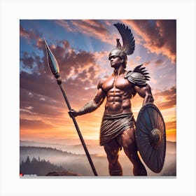 Firefly The Image Depicts A Statue Of A Muscular Man With A Large Winged Helmet, Holding A Spear In (2) Canvas Print