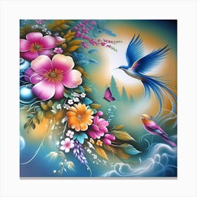 Colorful Flowers And Birds Canvas Print