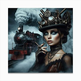 Steampunk Girl With Steam Train Canvas Print