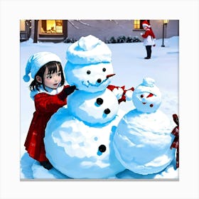 Snowman and Girl Canvas Print