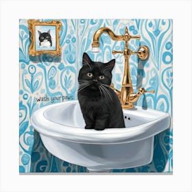 Black Cat In Bathroom Sink Canvas Print