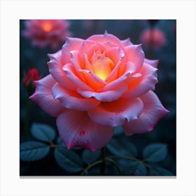 A Radiant Rose With Petals Of Cascading, Neon Patterns Blooming In A Surreal Garden Canvas Print