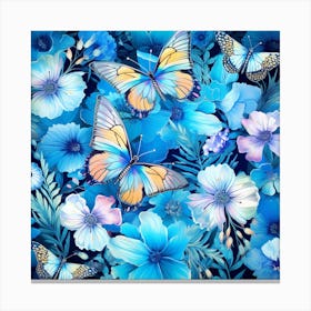 Blue Flowers And Butterflies 3 Canvas Print