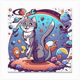 Cartoon Animals Flowers A Grey Cat Walks In Space Stars And Planets Cartoon Style 0 Canvas Print