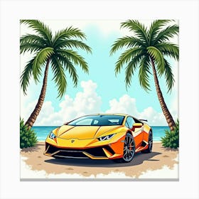 Lamborghini Huracán In A Watercolor Tropical Paradise With Palm Trees 1 1 Canvas Print