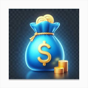 A bright and colorful 3D rendering of a blue money bag. The bag is sitting on a transparent background and is filled with gold coins. The bag has a dollar sign on the front and is tied closed with a rope. Canvas Print