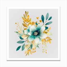 Watercolor Gold And Teal Bouquets 1 Canvas Print