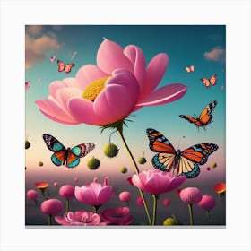 Lotus Flower With Butterflies Canvas Print