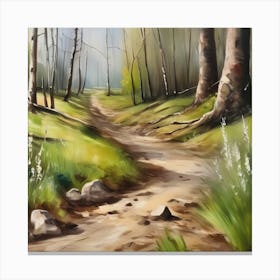 Dirt Road In The Woods.A dirt footpath in the forest. Spring season. Wild grasses on both ends of the path. Scattered rocks. Oil colors.17 Canvas Print