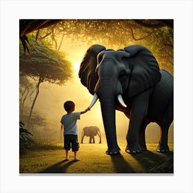 Elephant Walked In The Jungle With Kid Canvas Print