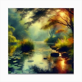 An Impressionist Style Watercolor Oil Painting Of A Tranquil Pond 2 Canvas Print