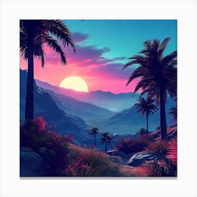 Sunset In The Mountains, Tropical Landscape With Palm Trees, blue sky, wall art, trees, and sun. good look, Canvas Print