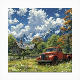 Beautiful Farmhouse With A Red Truck In Front Of The House, In Studio Ghibli Art, Anime Manga Art Leinwandbild