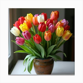 A Bunch Of Colorful Tulips Arranged In A Rustic Vase 4 Canvas Print