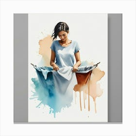 Watercolor Of A Woman Washing Clothes Canvas Print