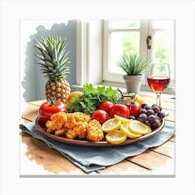 Watercolor Sketch Of A Fresh And Vibrant Mediterranean Platter On A Cozy Kitchen Table Canvas Print