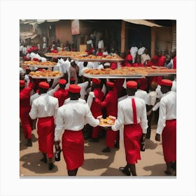 Red Men Carrying Food Canvas Print