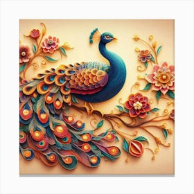 Peacock on flower branch Canvas Print