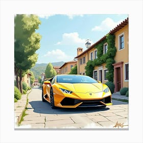 Watercolor Lamborghini Huracán Driving Through A Quaint Village 1 Canvas Print