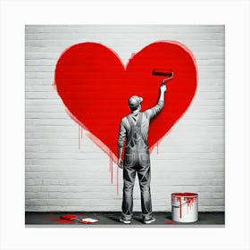 A Man Applies Bright Paint To Create A Heart Design On A Wall, Symbolizing Love And Artistic Expression Canvas Print