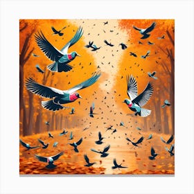 Pigeons In The Autumn Forest Canvas Print