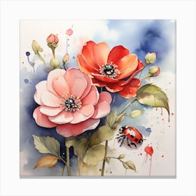 Ladybug And Anemones Canvas Print