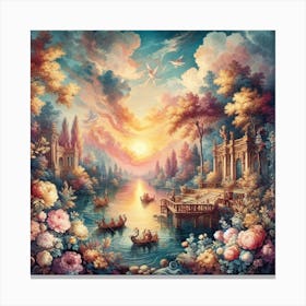 A wonderful painting of a castle with the sea and sailboats next to it 3 Canvas Print