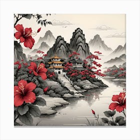 Chinese Landscape With Hibiscus, Black And Red Canvas Print