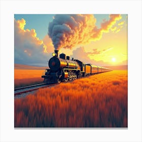 Classic Train Traveling Through A Vibrant Watercolor Field At Dawn 1 Canvas Print